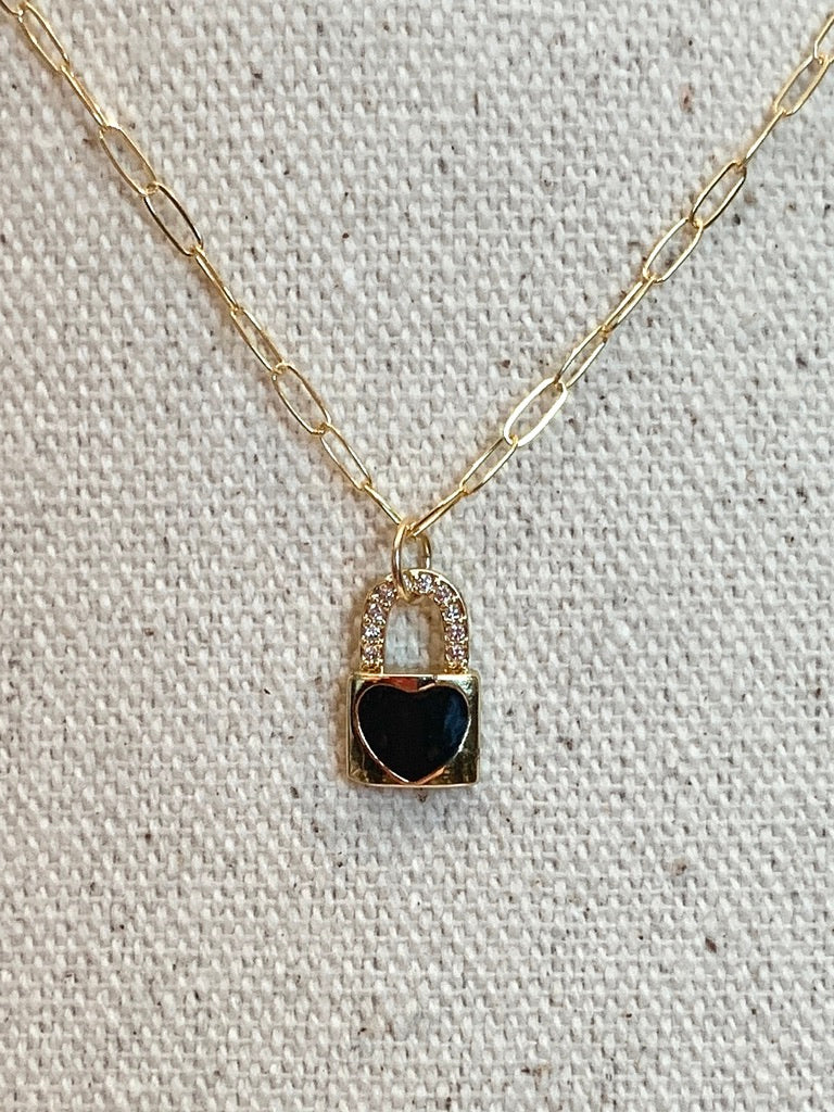 Dainty Gold Filled Chainlink Necklace with Gold Filled CZ and Black Heart Lock Charm