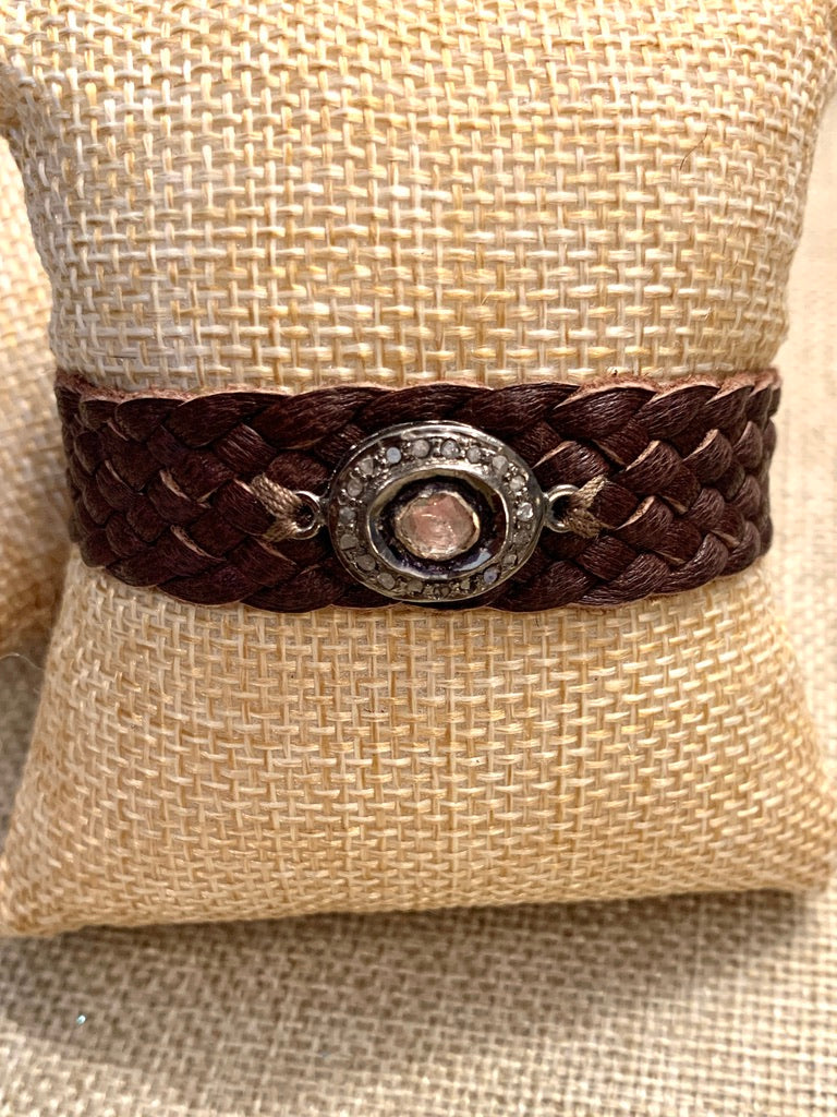 Dark Brown Braided Leather Cuff Bracelet with Pave and Polki Diamond Accent