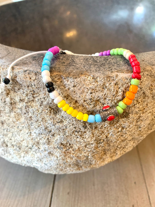 Multicolored Seed Bead Adjustable Bracelet with Pave Diamond and Coral Tube Accent