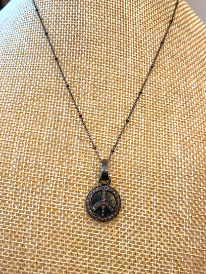 Oxidized Chain Necklace with Pave Diamond Peace Pendant