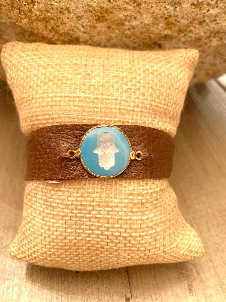 Brown Leather Cuff Bracelet with Blue Enamel and Pearl Hamsa Connector