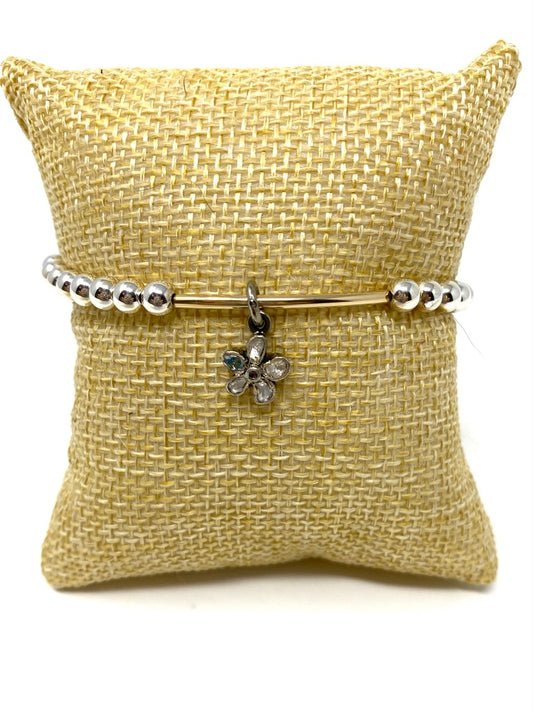 5mm Sterling Silver Beaded Elastic Bracelet With Gold Filled Bar and Diamond Flower Charm