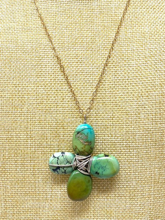 Turquoise Stone Cross Pendant on Gold Filled Chain