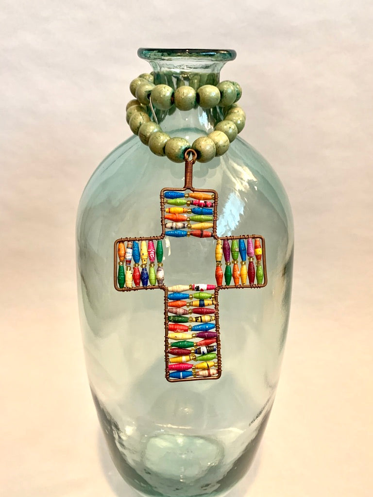 Light Green Distressed Bottle Beads with Multi Colored Paper Beaded Cross