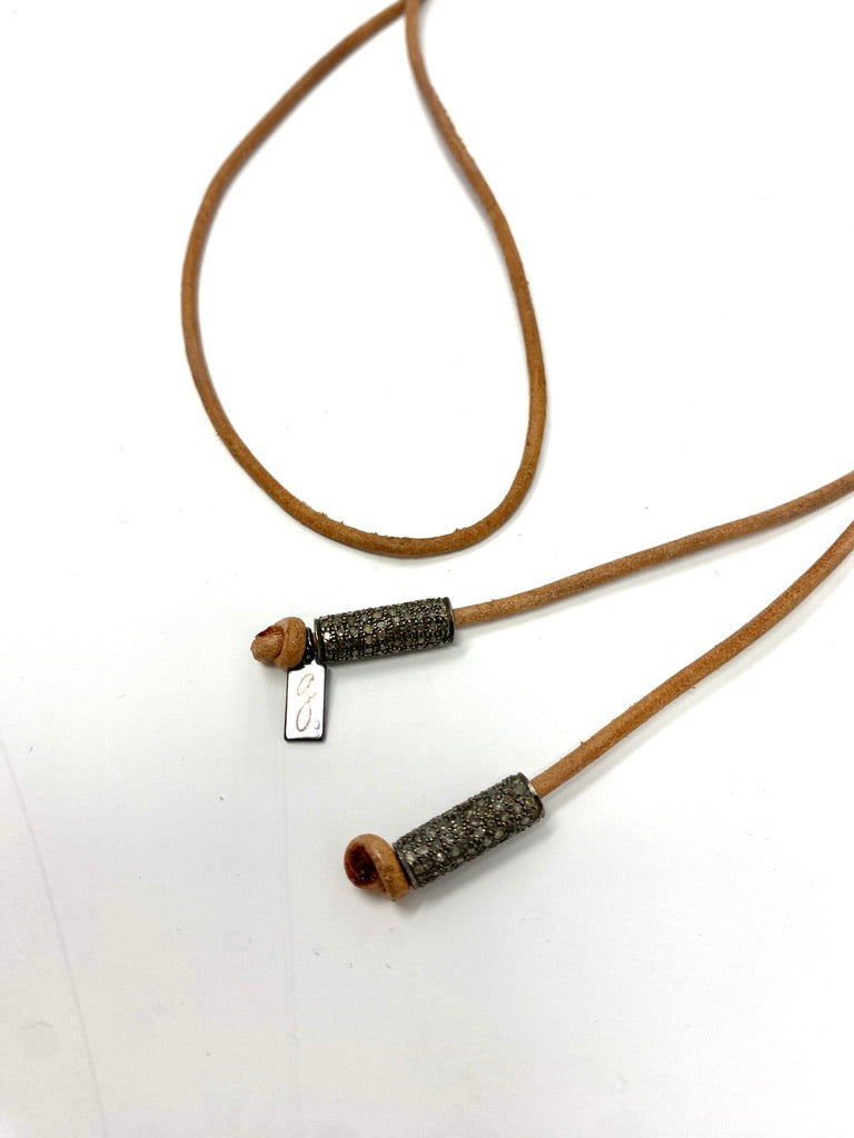 Tan Leather Cord Adjustable Lariat Style Necklace with Pave Diamond Tube Accents