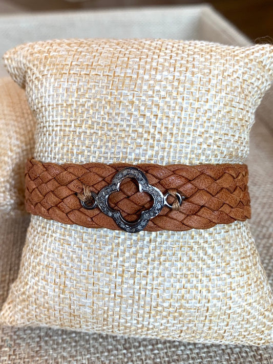 Light Brown Braided Cuff Bracelet with Pave Diamond Clover Accent