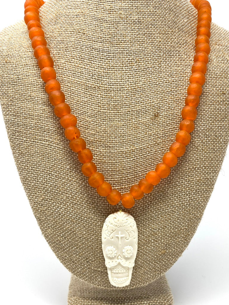 Orange Recycled Sea Glass Beaded Necklace With Carved Sugar Skull Pendant