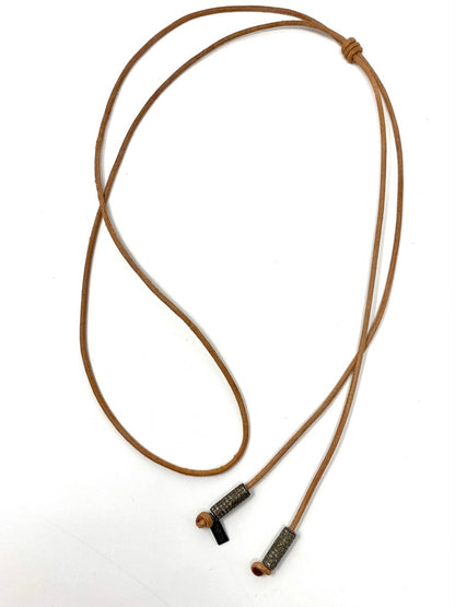 Tan Leather Cord Adjustable Lariat Style Necklace with Pave Diamond Tube Accents