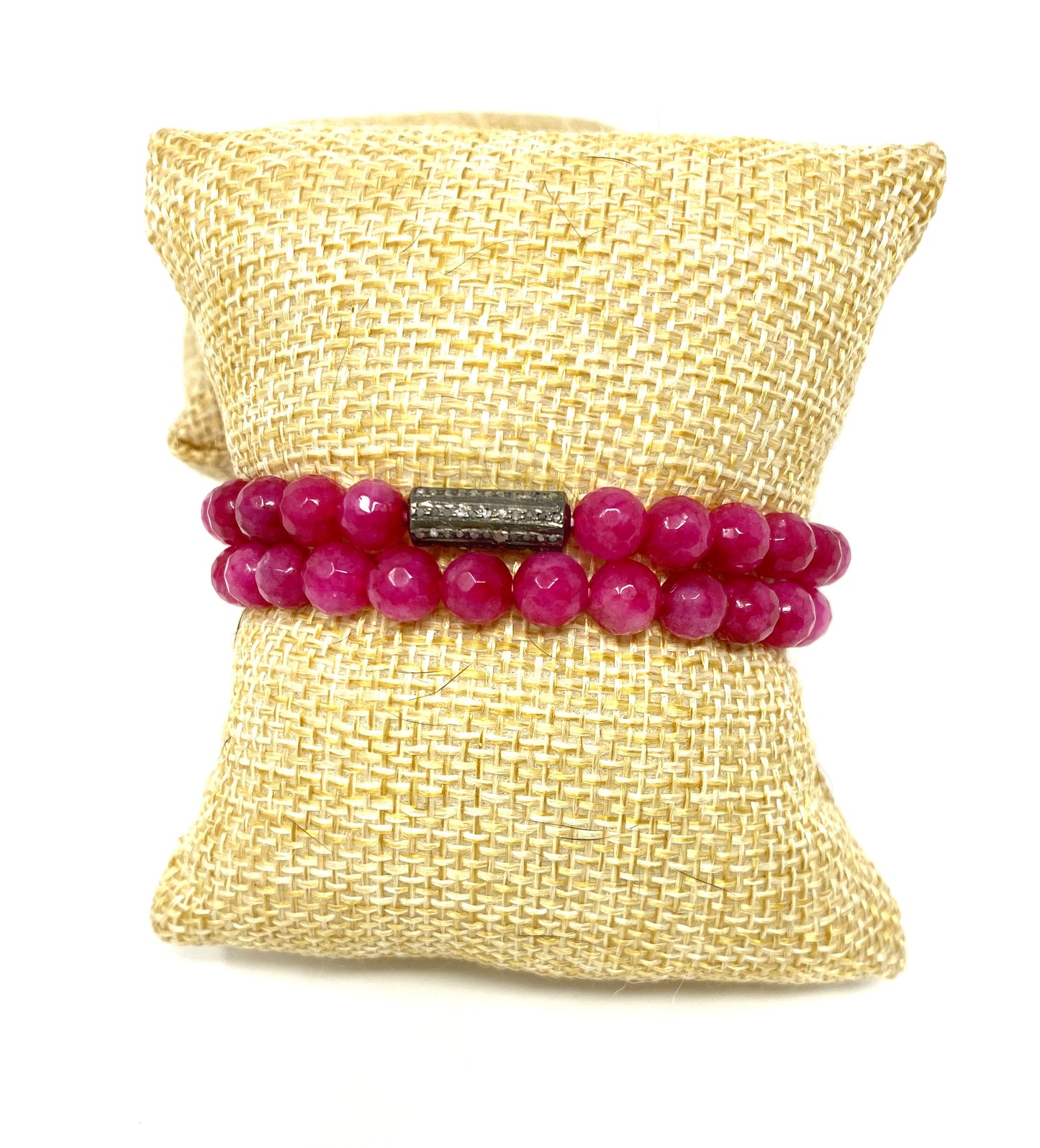 Raspberry Colored Quartz Set of Two Elastic Bracelets With Diamond Tube