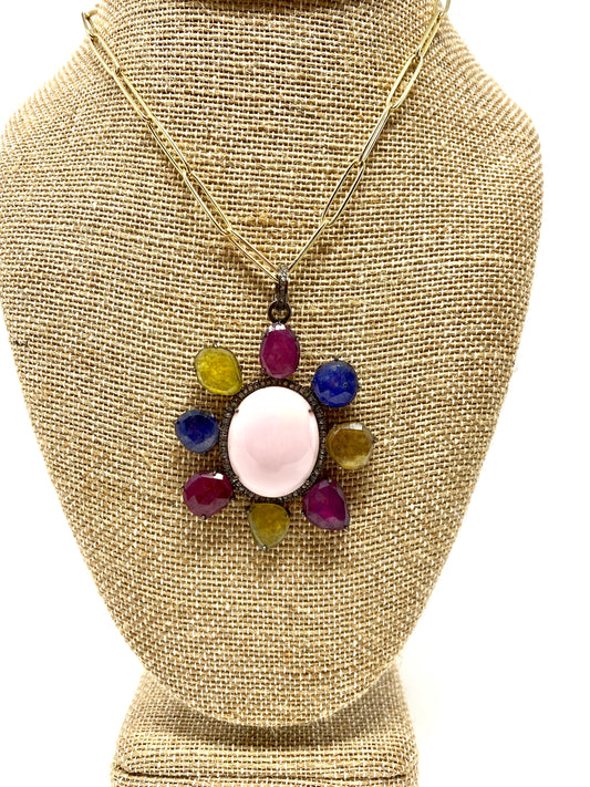 Pink Opal, Multi Sapphires, and Diamond Pendant on Gold Filled Paper Clip Chain