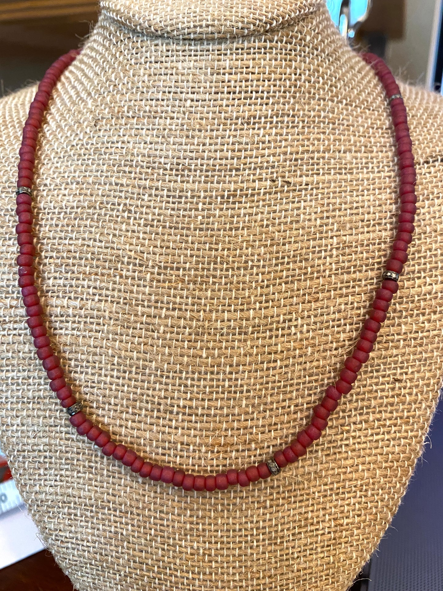 Maroon Seed Bead Necklace with Tiny Pave Diamond Accents