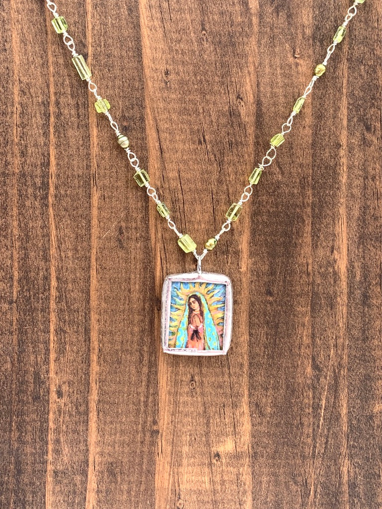 Peridot and Green Pearl Chain Necklace with Lady of Guadalupe Pendant