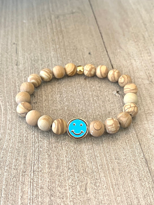Matte Jasper Elastic Beaded Bracelet with Blue Enamel and Gold Smiley Face