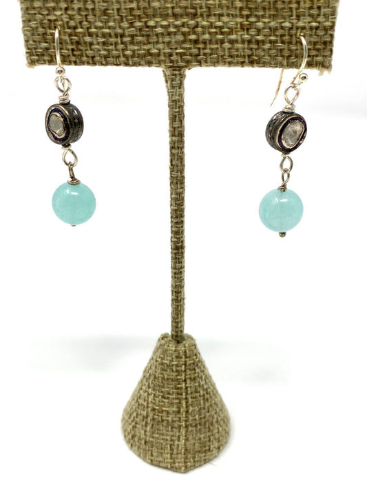 Double Sided Polki Diamond and Sky Blue Glass Beaded Earrings