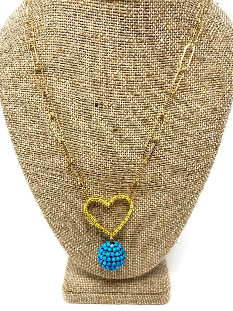 Gold Filled Paperclip Chain Necklace With Gold/Diamond Carabiner With Turquoise Orb Pendant