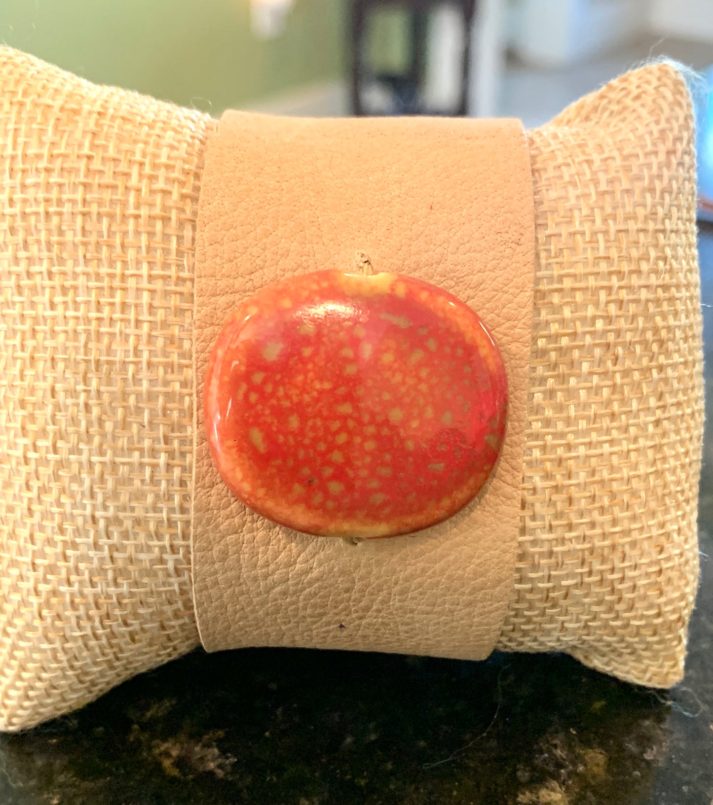 Tan Leather Cuff Bracelet with Orange Clay Bead Accent