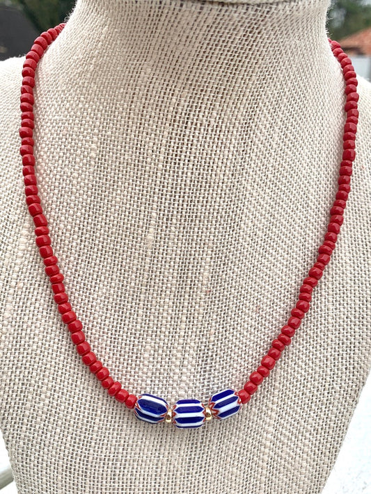 Red Seed Beaded Necklace with Red White and Blue African Trading Beads and Gold Filled Spacers
