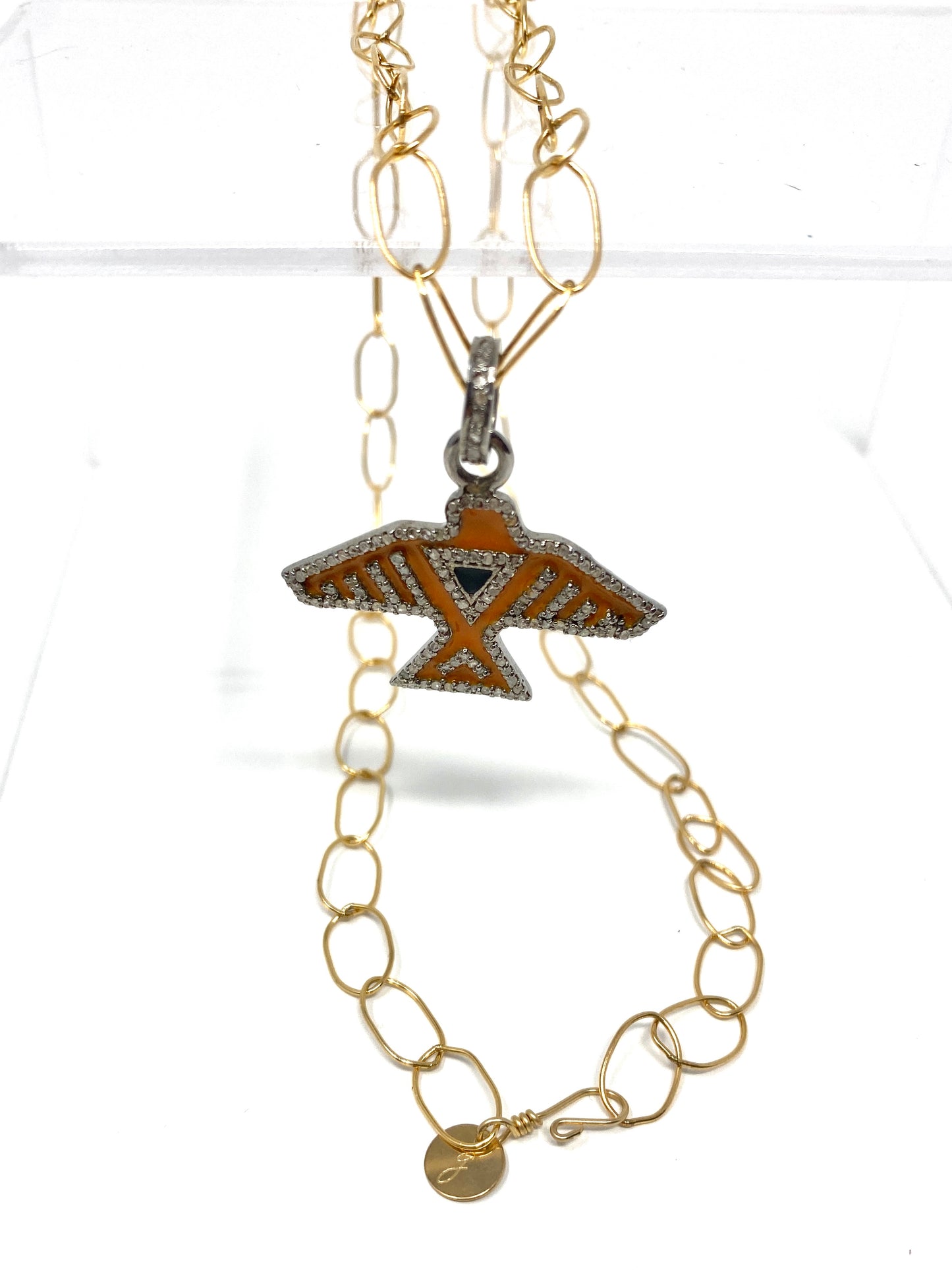 Gold Filled Chain Necklace With Orange Enamel and Diamond Thunderbird Pendant