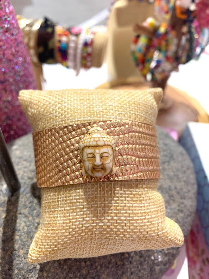 Rose Gold Leather Cuff Adjustable Bracelet with Howlite Buddha
