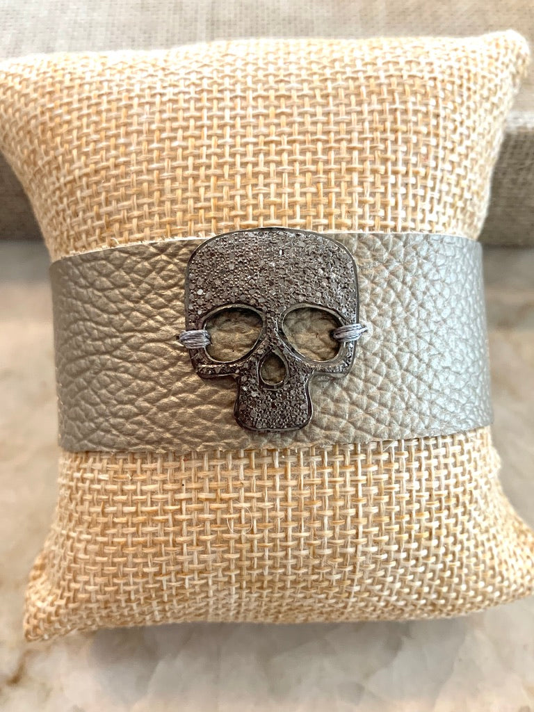 Metallic Taupe Leather Cuff Bracelet with Pave Diamond Skull Accent