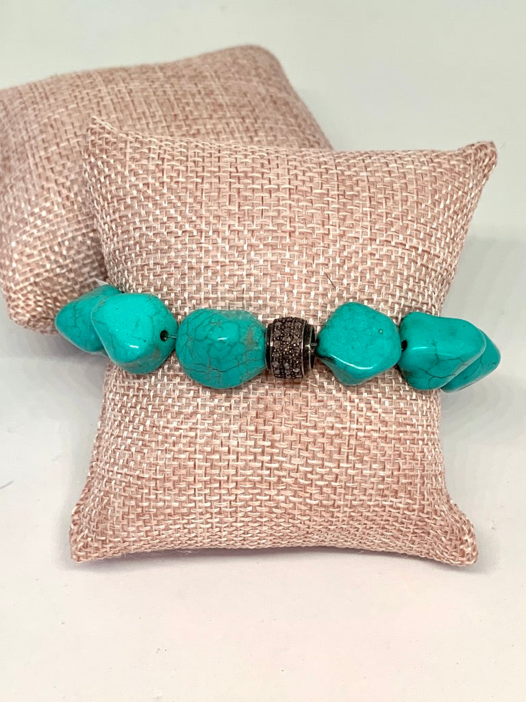 Turquoise Nugget Elastic Bracelet with Pave Diamond Center Bead
