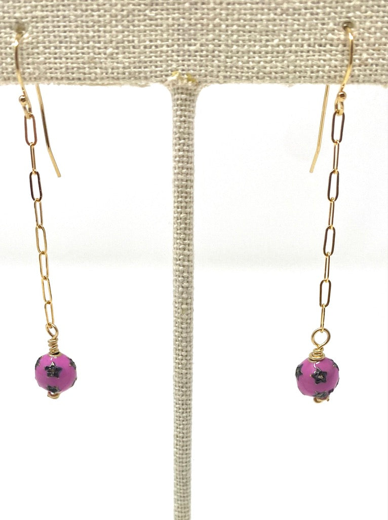 Bright Pink Enamel and Diamond Drop Earrings on Gold Filled Wire