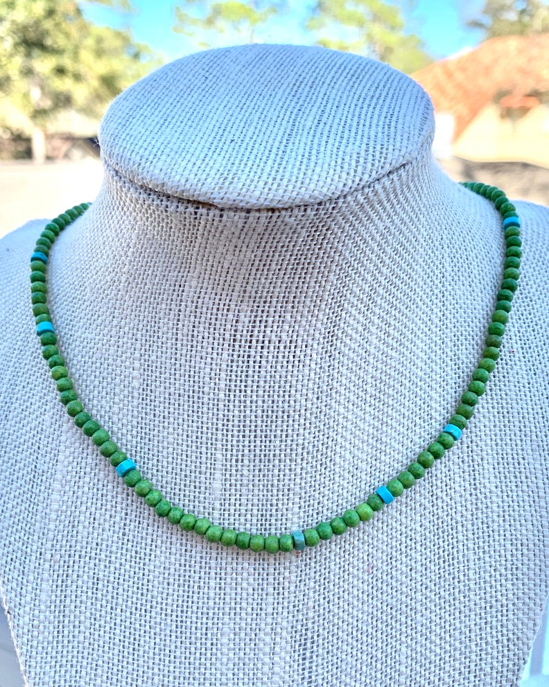 Green Wooden Beaded Necklace with Turquoise Spacer Beads