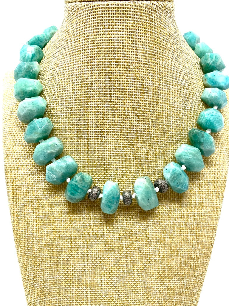Chunky Amazonite Hand Knotted Necklace With Three Diamond Spacers