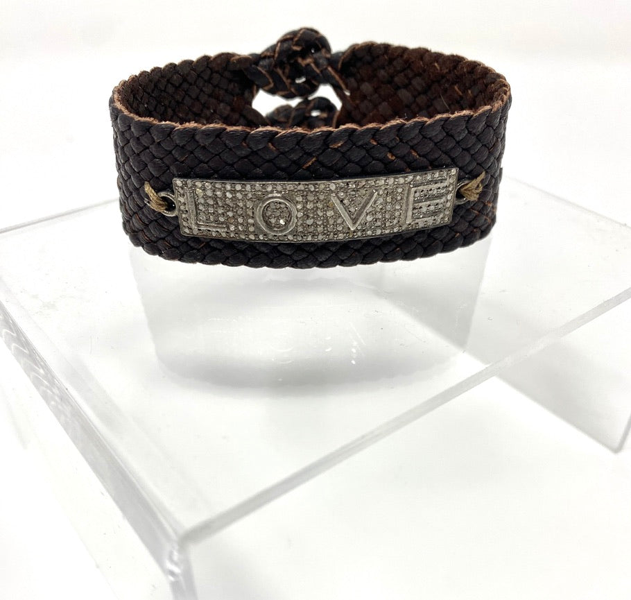 Dark Brown Leather Woven Cuff Bracelet With Diamond Love Connector