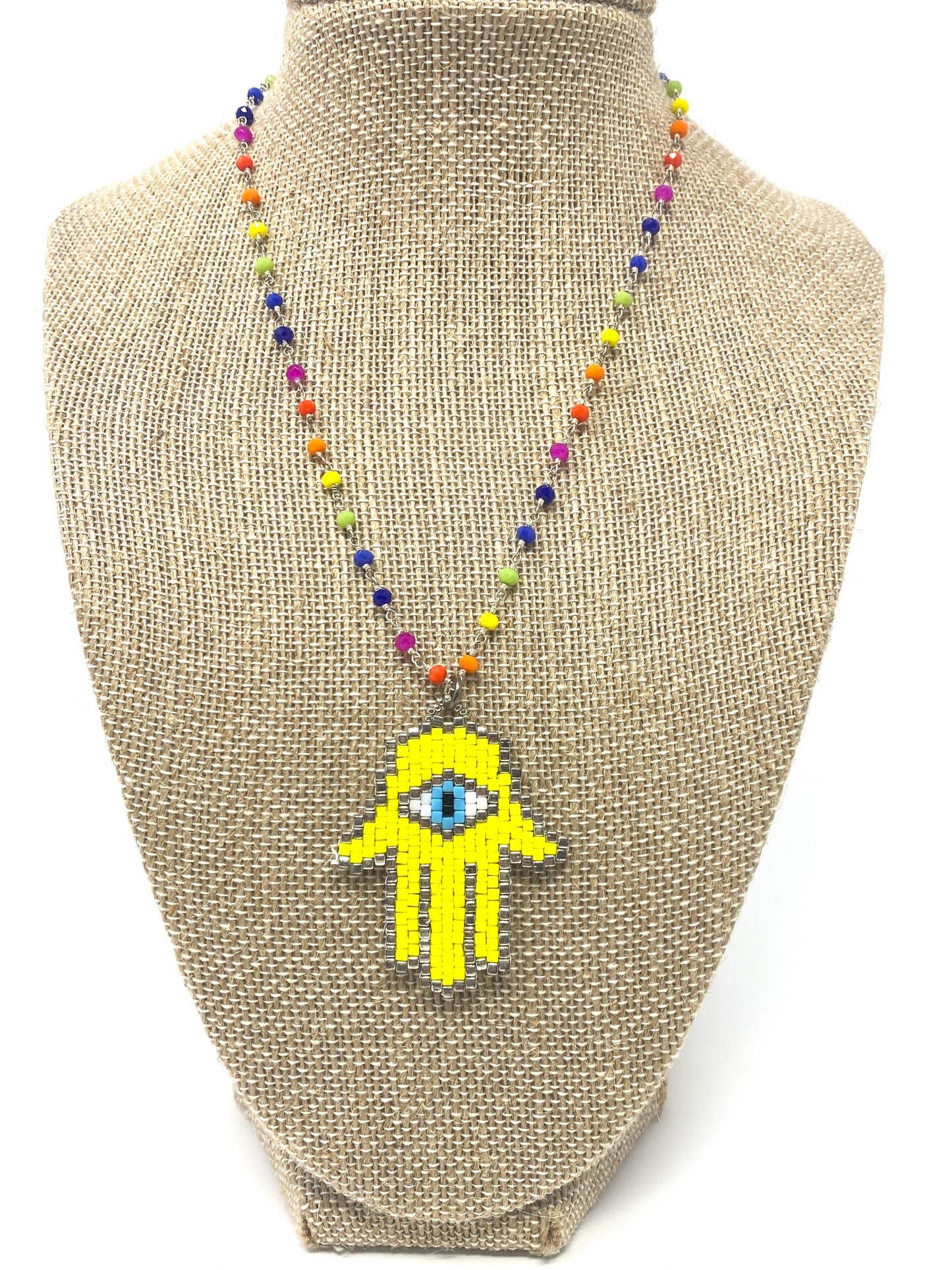 Rainbow Wire Wrapped Beaded Necklace With Yellow Hamsa Pendant