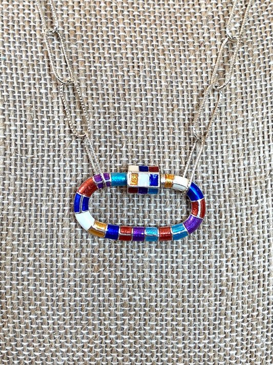 Sterling Silver Paperclip Necklace with Multicolored Enamel Carabiner Closure