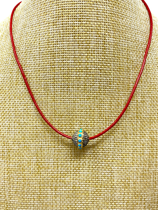 Red Leather Choker Necklace With Diamond and Turquoise Center Bead