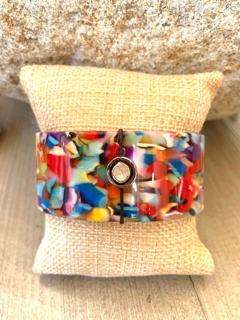 Multicolored Acrylic Cuff Bracelet with Polki Diamond Accent