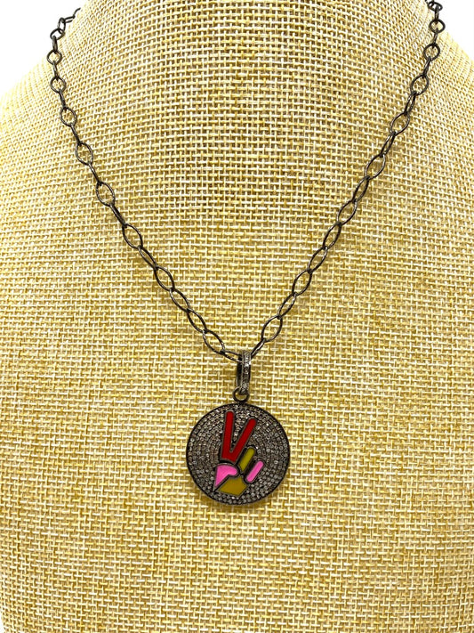 Pave Diamond and Enamel "Peace Out" Necklace