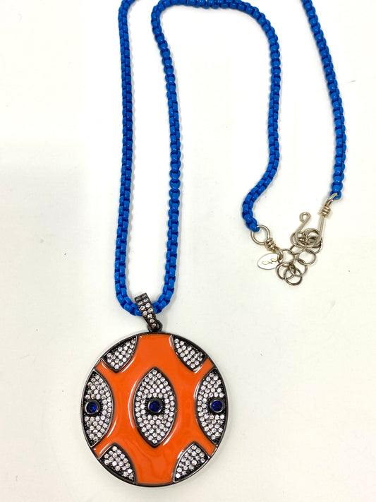 Blue Enamel Box Chain Necklace With Orange Enamel Evil Eye Pendant
