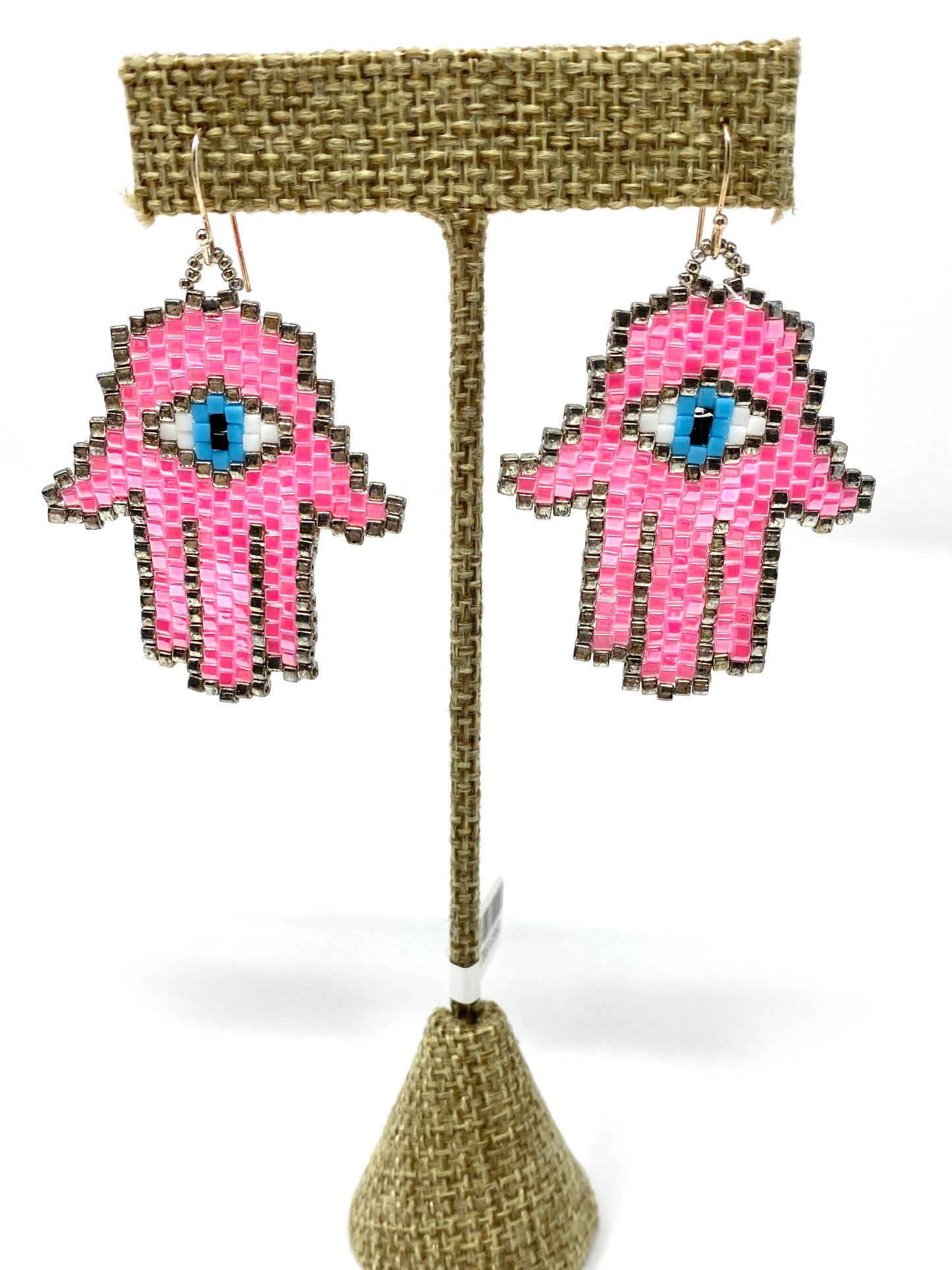 Bright Pink Seed Bead Hamsa and Evil Eye Earrings