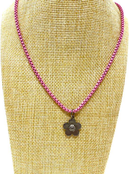 Pink Enamel Coated Chain With Matte Silver Flower With Diamond Center