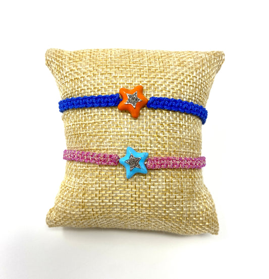 Adjustable Macrame Bracelets With Enamel and Diamond Star Center Beads