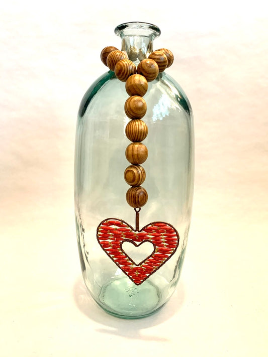 Brown Wooden Bottle Beads with Red-Orange Rolled Paper Beaded Heart
