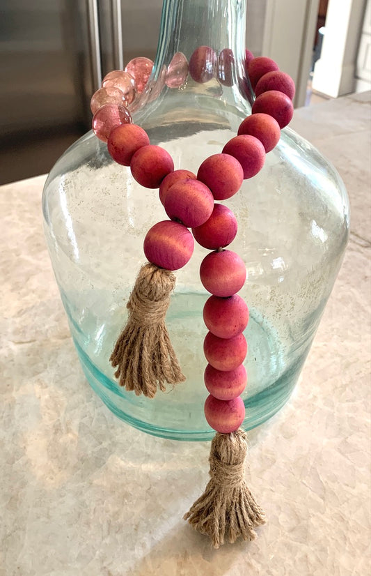 Pink Wooden and Glass Bottle Beads with Raffia Tassels
