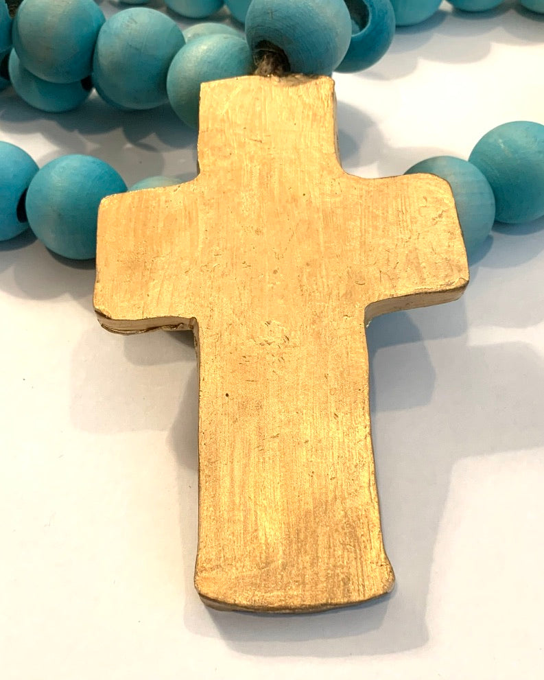 Turquoise Blue Wooden Bottle Beads with a Gold Cross