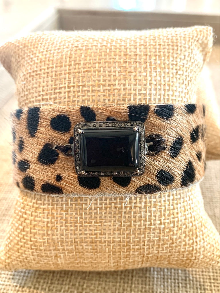 Cheetah Print Hide Leather Cuff Bracelet with Rectangular Onyx Stone and Pave Diamond Accent