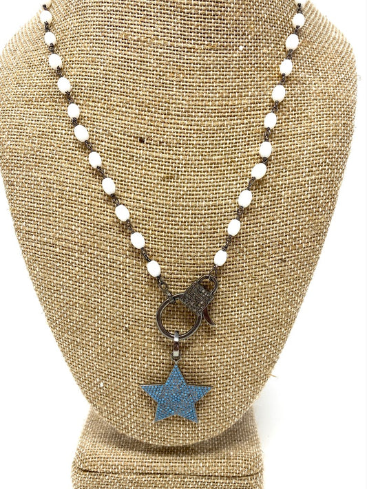 White Beaded Rosary Style Chain With Diamond Lobster Clasp With Pave Style Turquoise Star Pendant