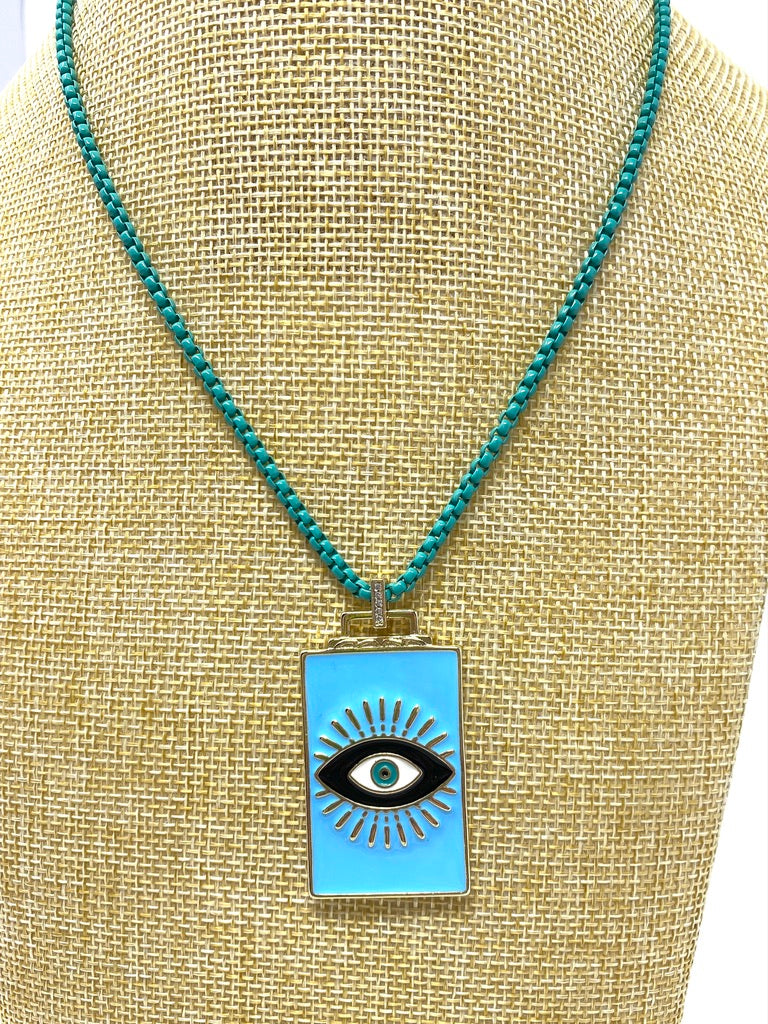 Green Turquoise Box Chain Necklace With Evil Eye Enamel Pendant