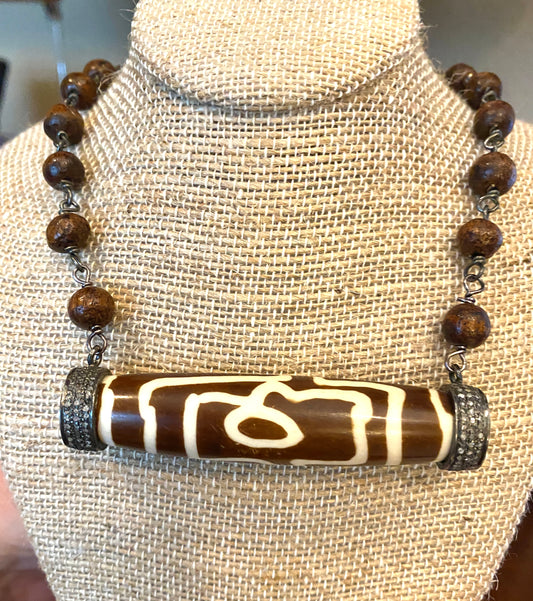 Brown Wooden Bead Rosary Style Necklace with African Tribal Pendant With Diamonds