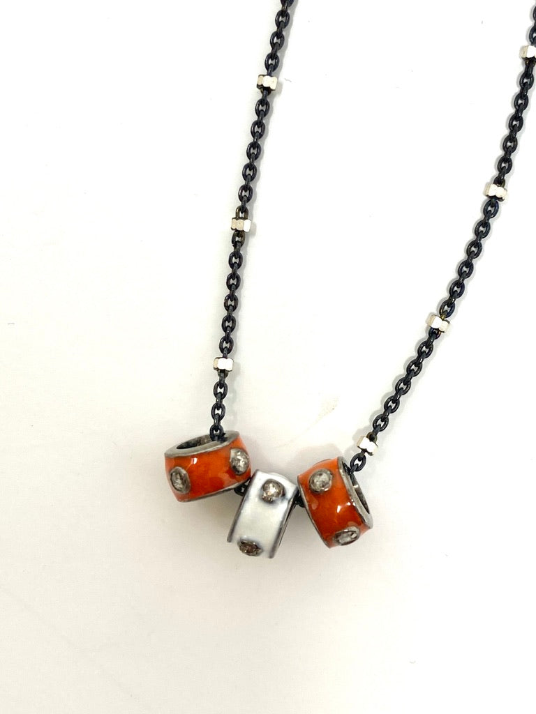 Oxidized and Silver Necklace with Burnt Orange and White Enamel and Diamond Spacers