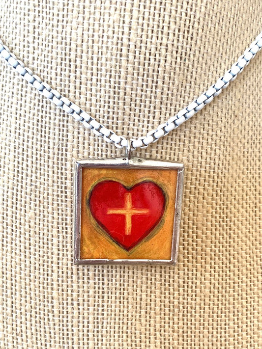 White Box Chain Necklace with Pewter Double Sided Heart/Cross Pendant