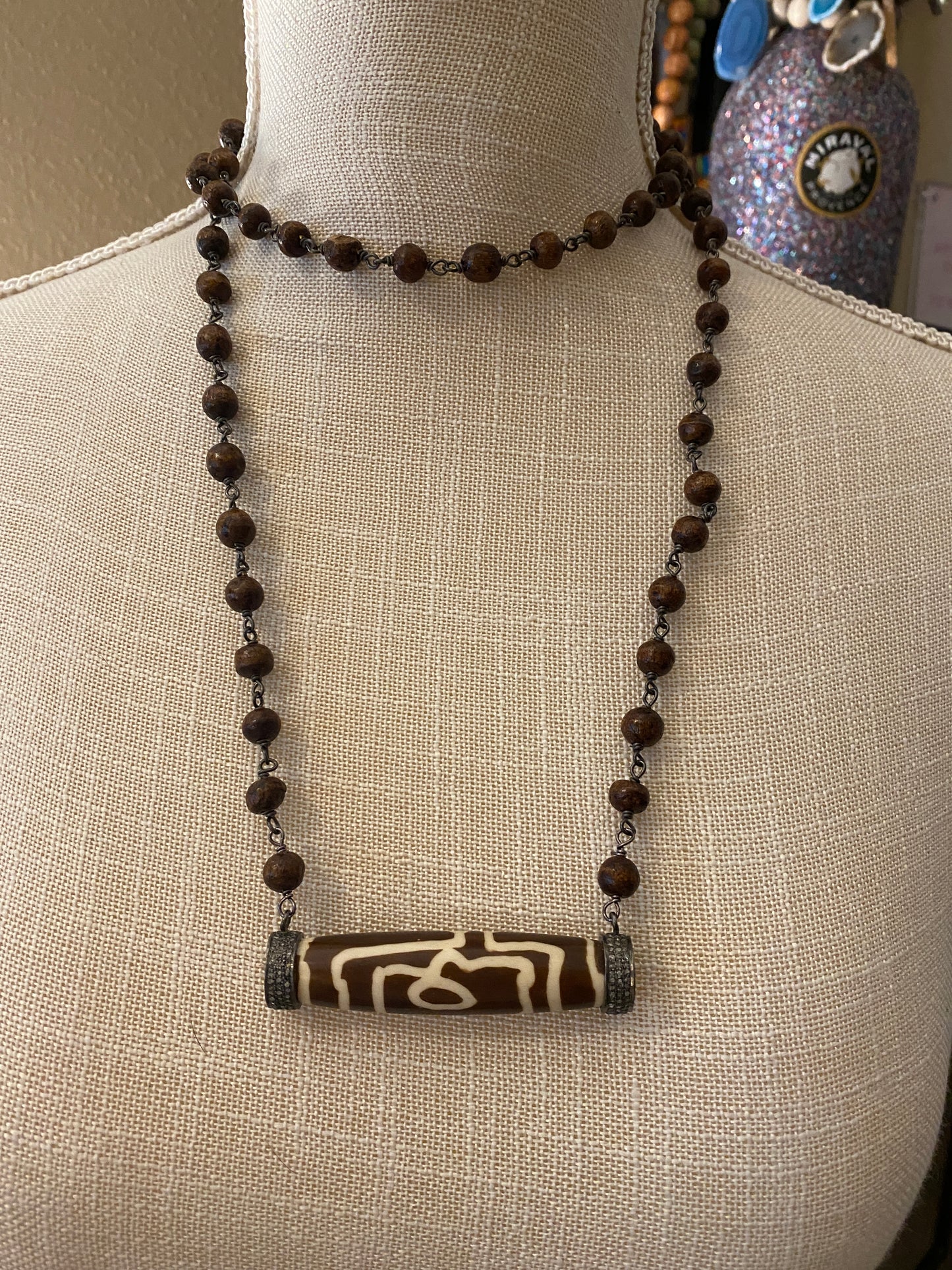 Brown Wooden Bead Rosary Style Necklace with African Tribal Pendant With Diamonds