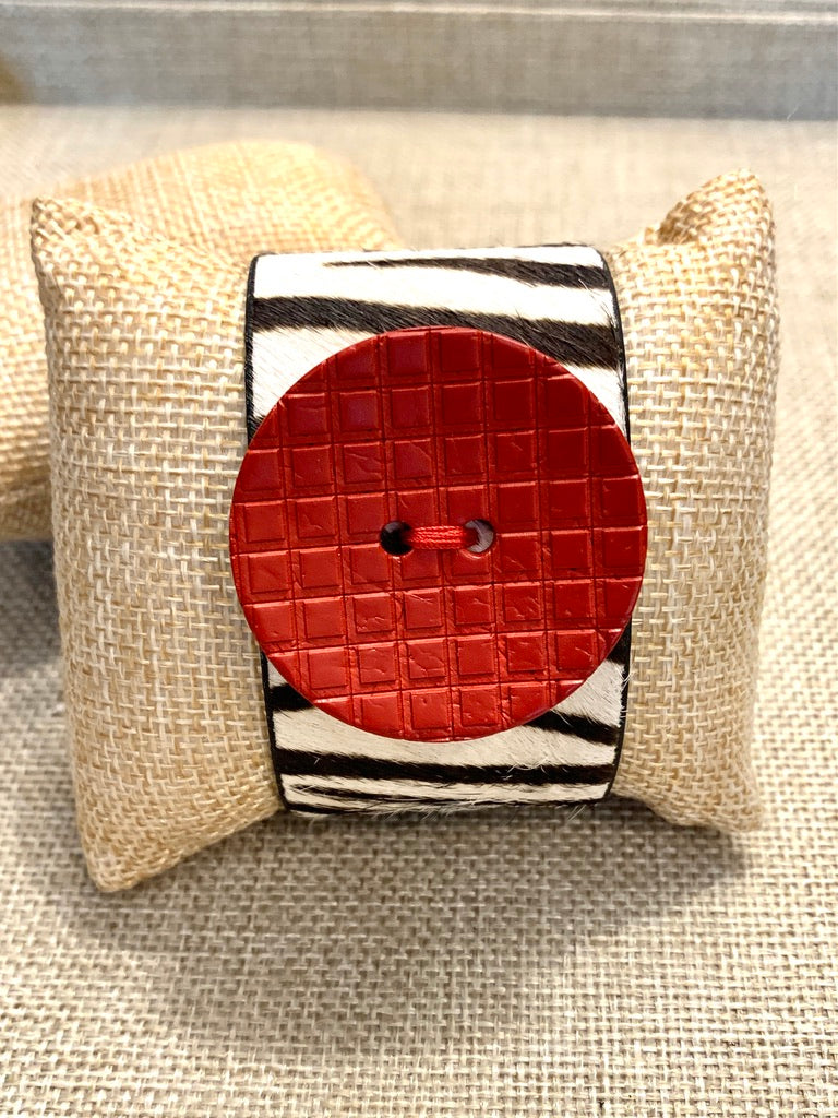 Zebra Print Hide Cuff Bracelet with Red Button Accent