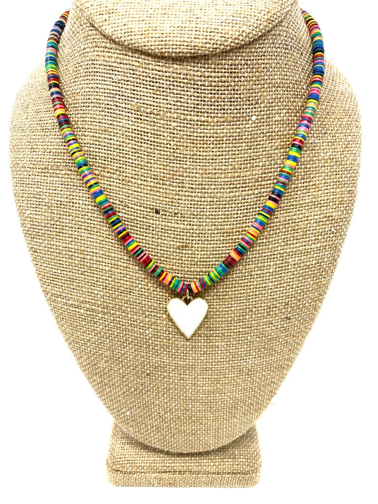 Multicolored Vinyl Disc Necklace With White Enamel Heart Pendant